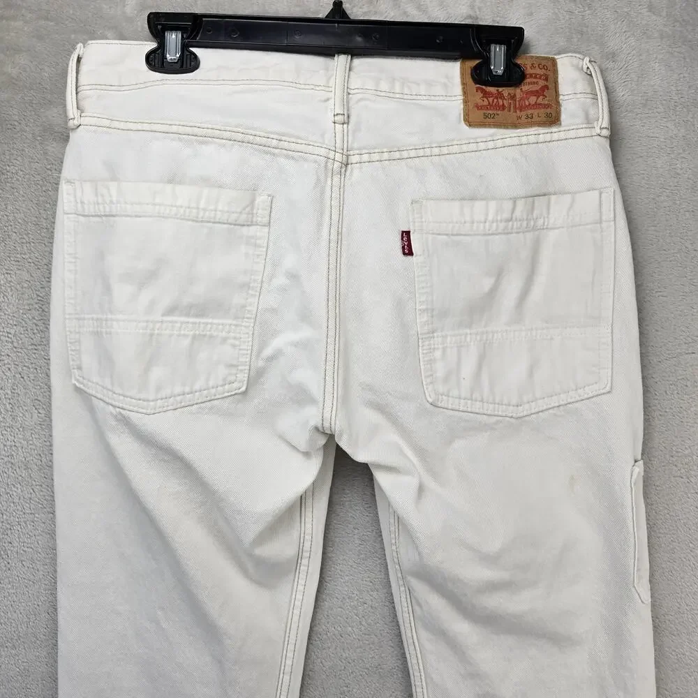 Levis 502 Altered Jeans Mens 33x27 White Tapered Regular Fit Double Knee Denim